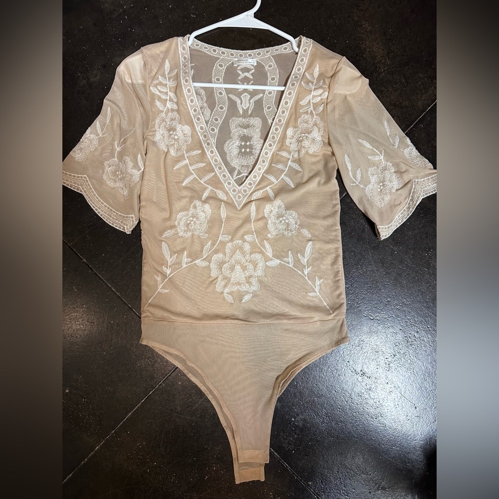 Beige Floral Embroidered Top small bodysuit